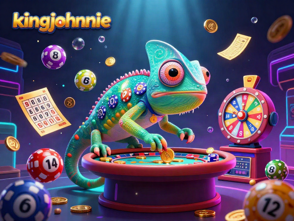 Experience gaming excitement at kingjohnnie with colorful casino elements and a vibrant chameleon host.