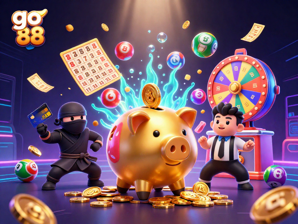 Engage in exciting gameplay at go 88 with a dynamic scene featuring vibrant lottery elements and characters.