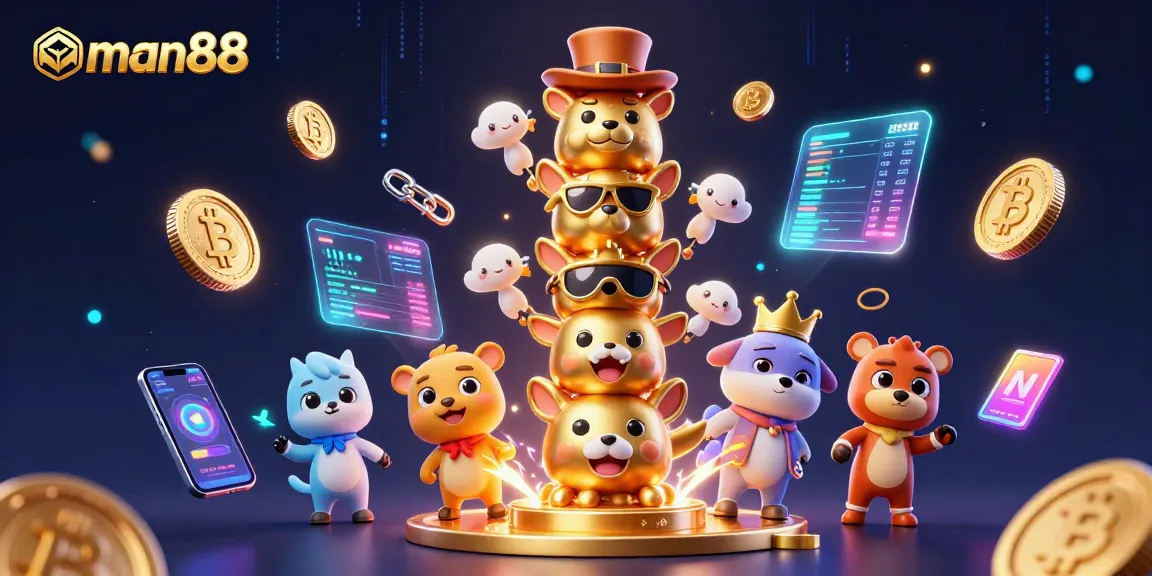 Experience man88 with dynamic elements of cryptocurrency and a totem pole in an engaging casino-themed scene