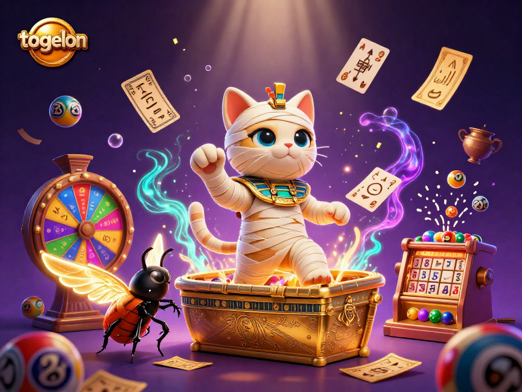 Engage with togelon in this vibrant 3D illustration showcasing a mummy cat and scarab amidst dynamic casino elements.