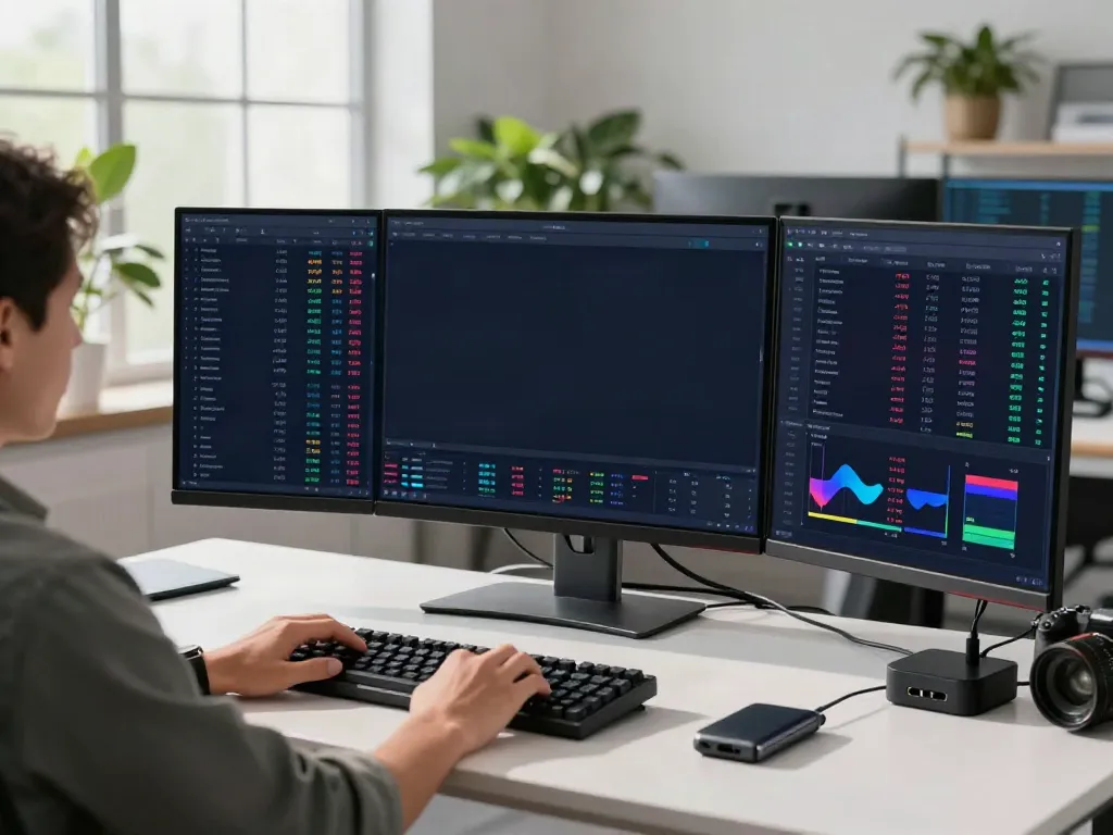 Crypto order book API integrated in a professional trading environment with real-time Bitcoin and Ethereum prices displayed on multiple screens.