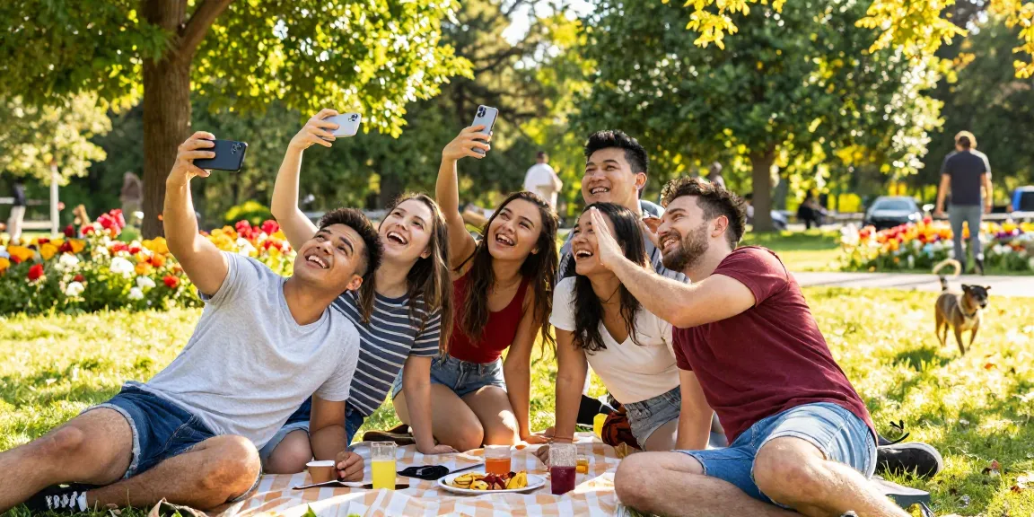 Friends enjoying outdoor fun while assessing how old do I look using a smartphone app.