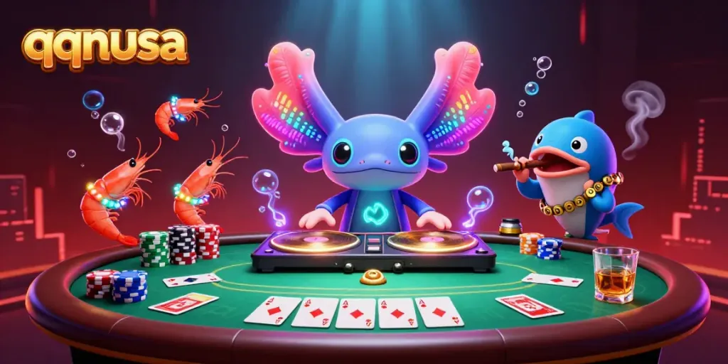 Experience the excitement of qqnusa with animated axolotl DJ and poker action under the sea.