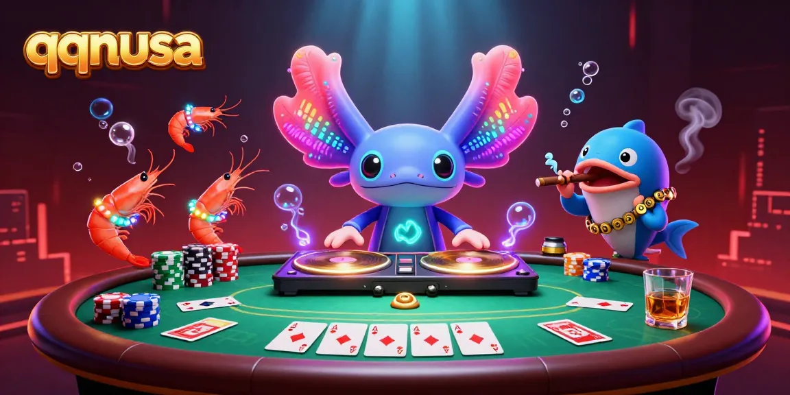 Experience the excitement of qqnusa with animated axolotl DJ and poker action under the sea.