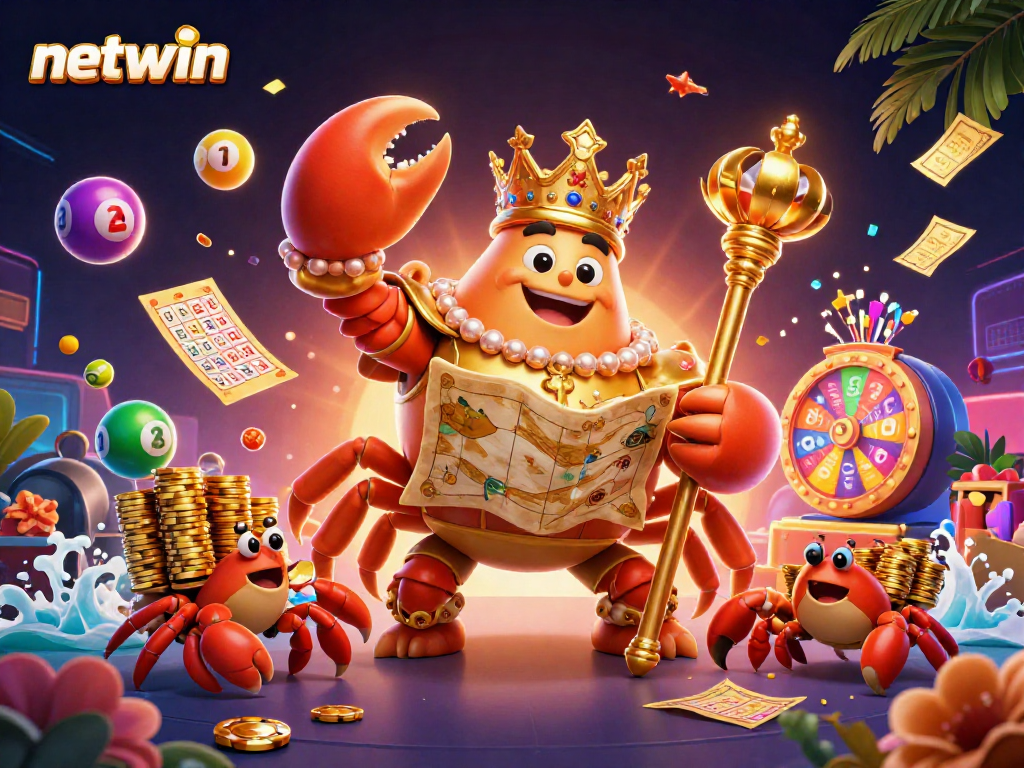 Engage with netwin's vibrant online gaming experience showcasing a golden crab emperor amid colorful lottery elements.