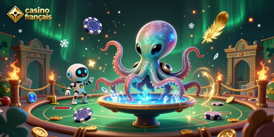 Profitez du casino français crypto avec un octopus extraterrestre et son robot, entouré de jeux et de jetons.