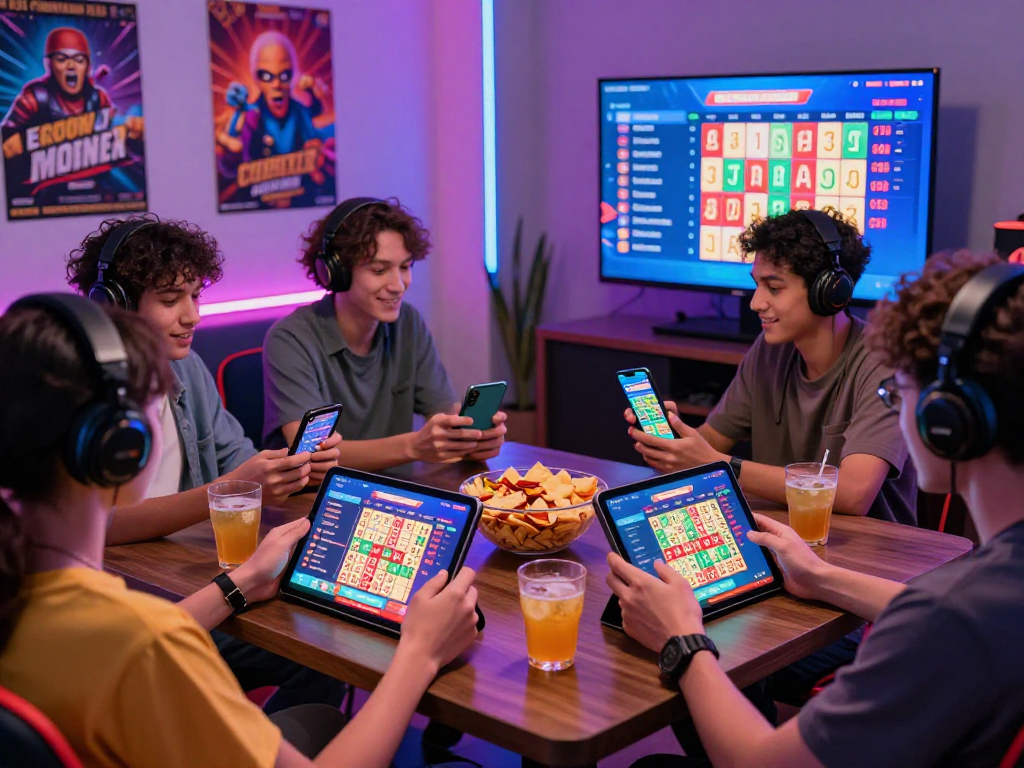 Dewatogel online lottery gaming scene with friends engaged in vibrant atmosphere, showcasing excitement and modern technology.