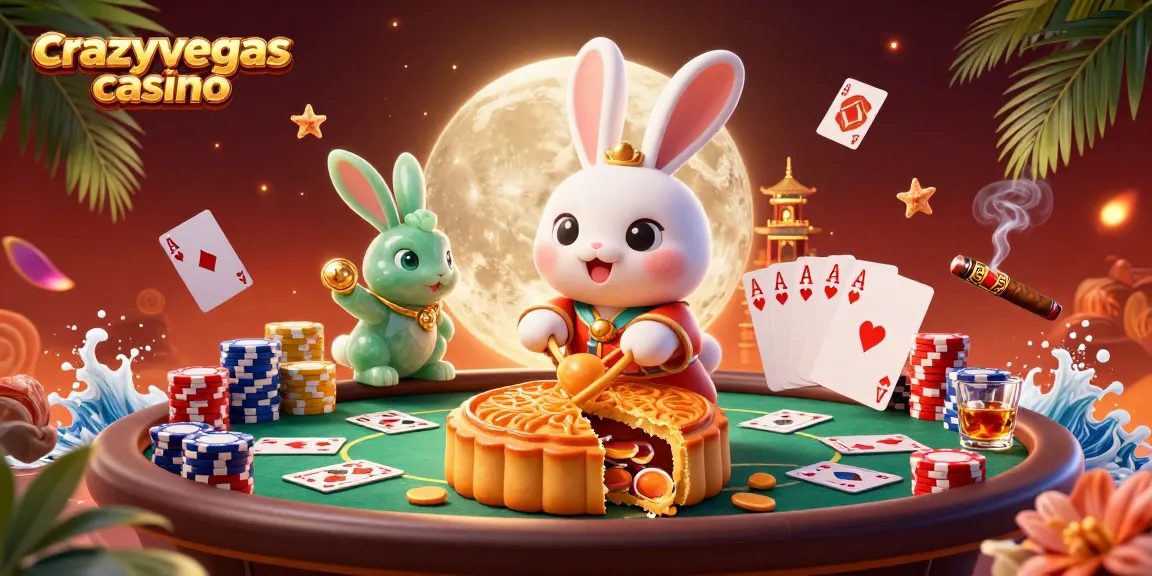 Experience excitement at crazyvegas casino with a cartoon moon rabbit revealing poker chips from mooncakes.