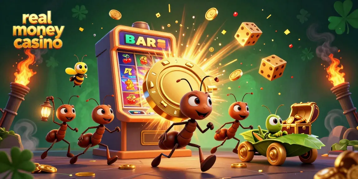 Experience the thrill of a real money casino with a team of cartoon ants heisting a giant poker chip.