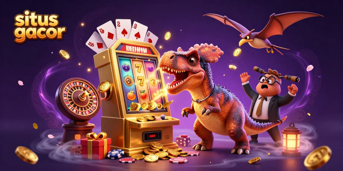 Situs gacor showcases a pachycephalosaurus hitting a golden slot machine while coins fly around in a vibrant casino scene.