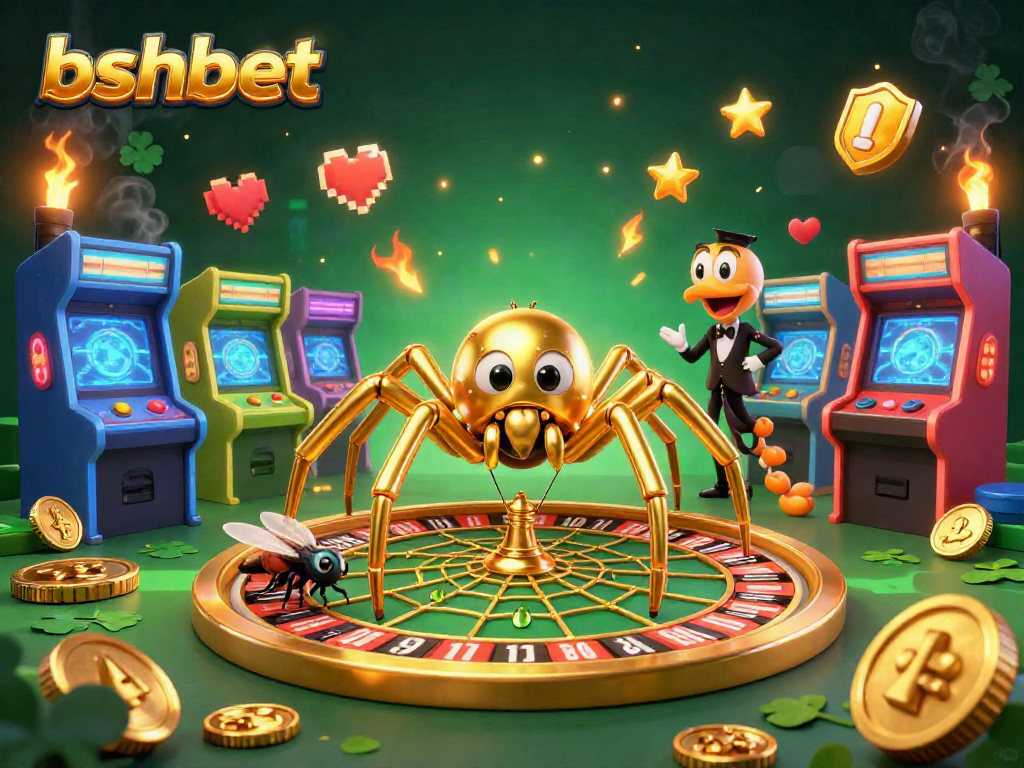 Engage with bshbet's thrilling casino universe featuring a 3D spider spinning a roulette wheel web.