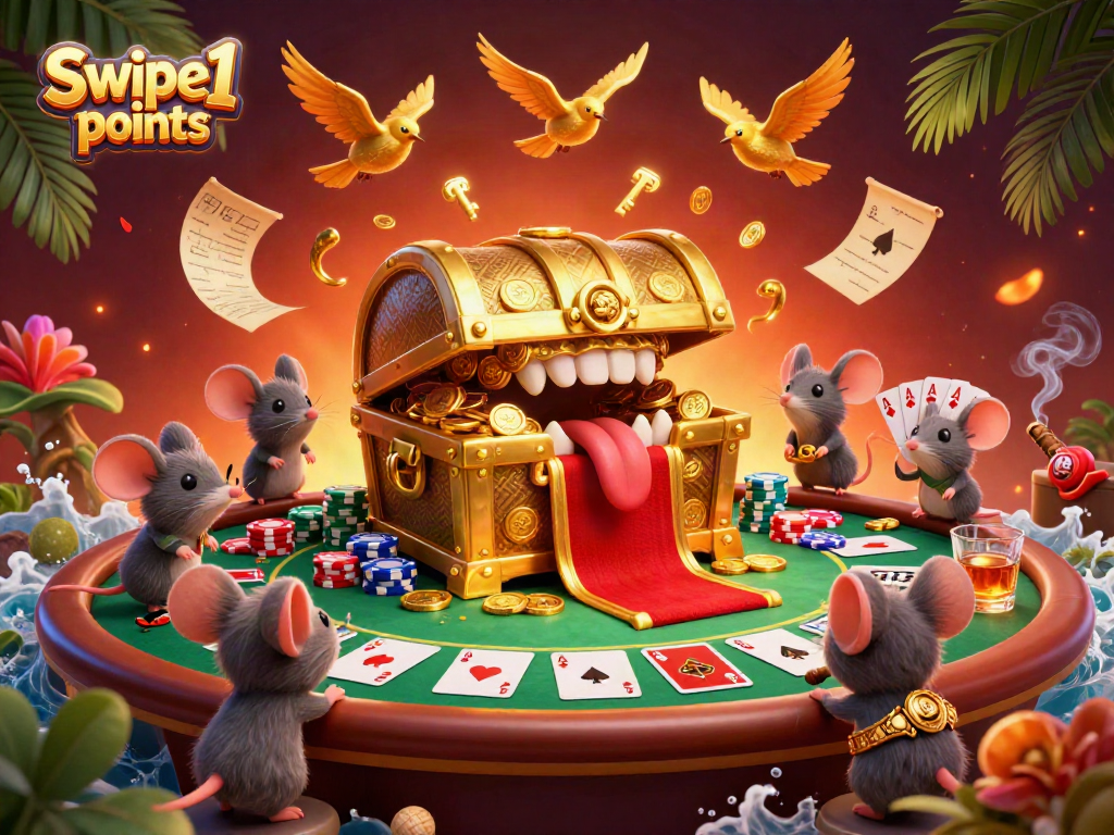 Engage with Swipe1 points at a vibrant casino scene featuring a treasure chest enticing adventurer mice