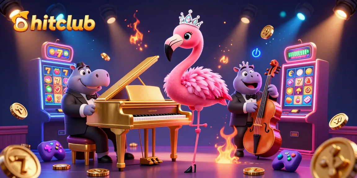 Engage with hitclub's vibrant casino scene featuring a flamingo singer and hippo bassist.