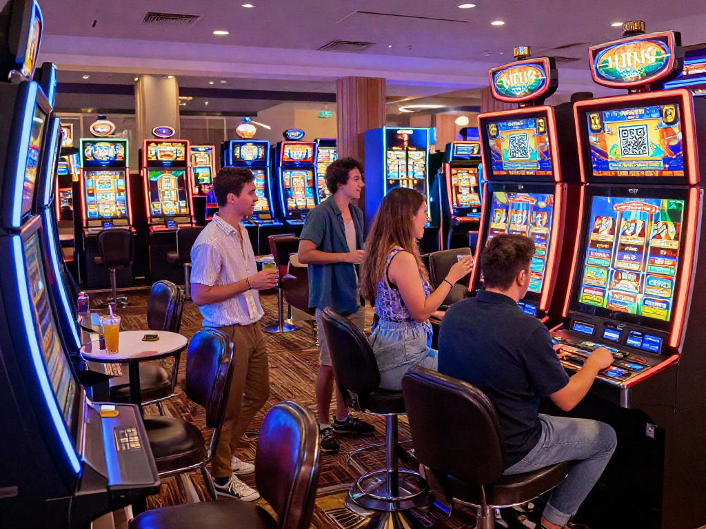 Exciting slot deposit qris gaming experience with friends in vibrant casino.
