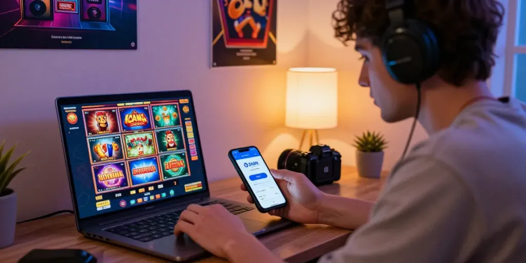 Engaging player enjoying a slot game with DANA e-wallet transactions in a cozy home office setting.