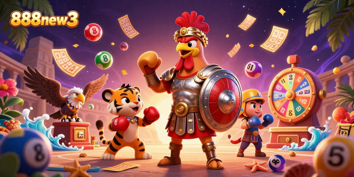 Engaging casino scene with characters showcasing gambling excitement at 888new3, highlighted by vibrant lottery balls.