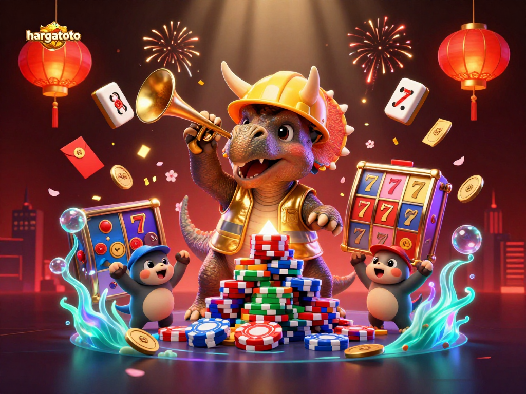 Experience the exciting world of hargatoto as a triceratops builds a poker chip pyramid in celebration.