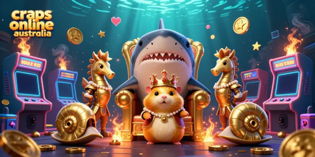 Experience the excitement of craps online Australia with a dynamic scene featuring a hamster king and gaming elements.