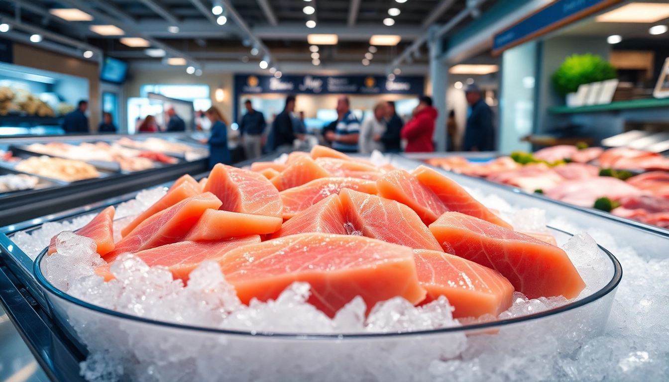 Showcase of fresh frozen salmon by a Frozen salmon wholesale supplier in a vibrant seafood market.