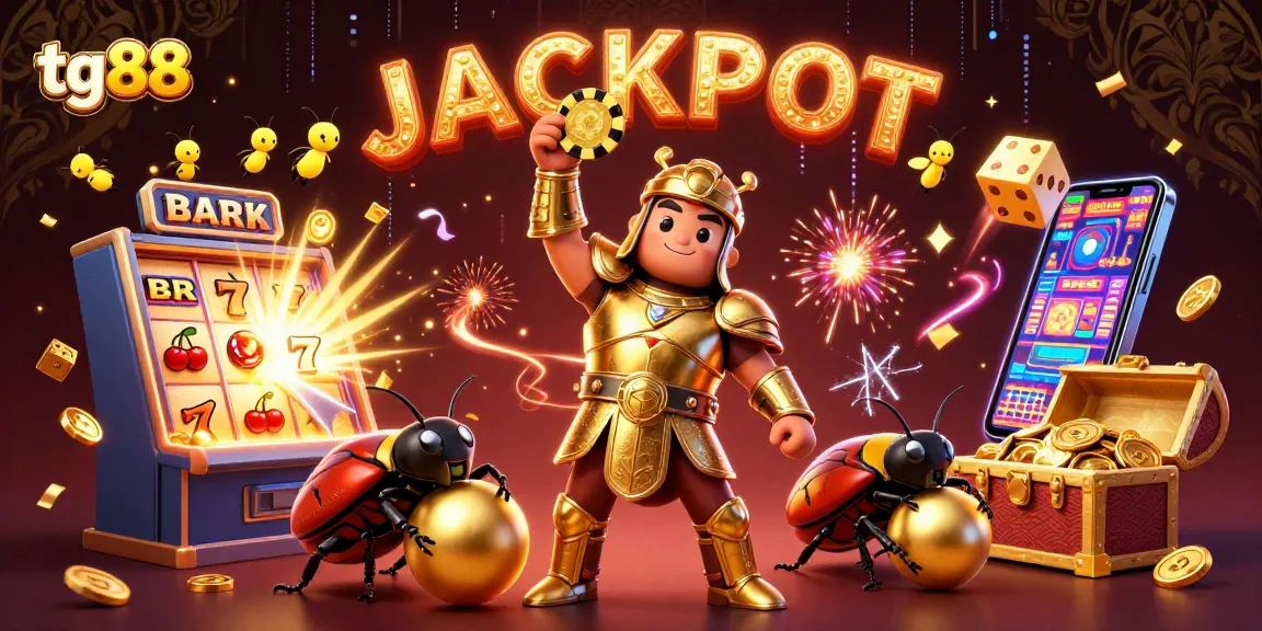 Spin and win with tg88 in a vibrant casino scene featuring a beetle champion and jackpot symbols.