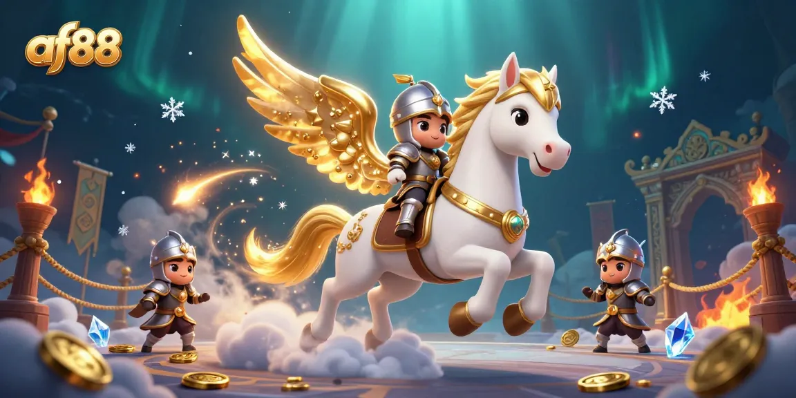 Spin the reels at af88 with a dynamic scene featuring a celestial horse and exciting gaming action.