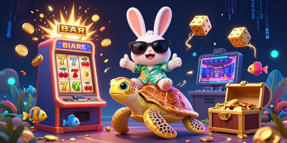 Rasakan kegembiraan dengan Slot Zeus dalam ilustrasi 3D lucu menampilkan kelinci beruntung dan kura-kura emas.