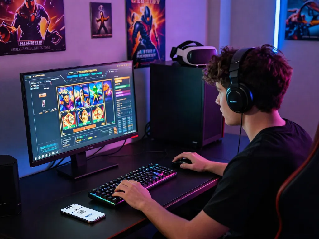 Engaging scene of slot deposit QRIS for online gaming with a player at a stylish desk using gaming accessories.