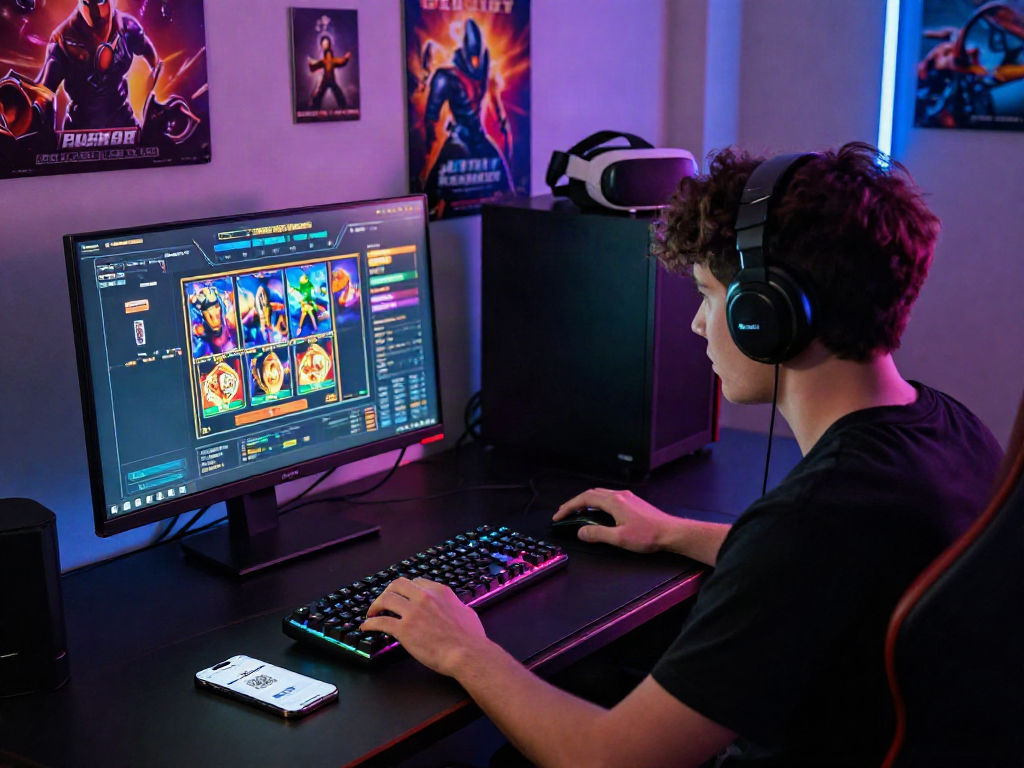 Engaging scene of slot deposit QRIS for online gaming with a player at a stylish desk using gaming accessories.