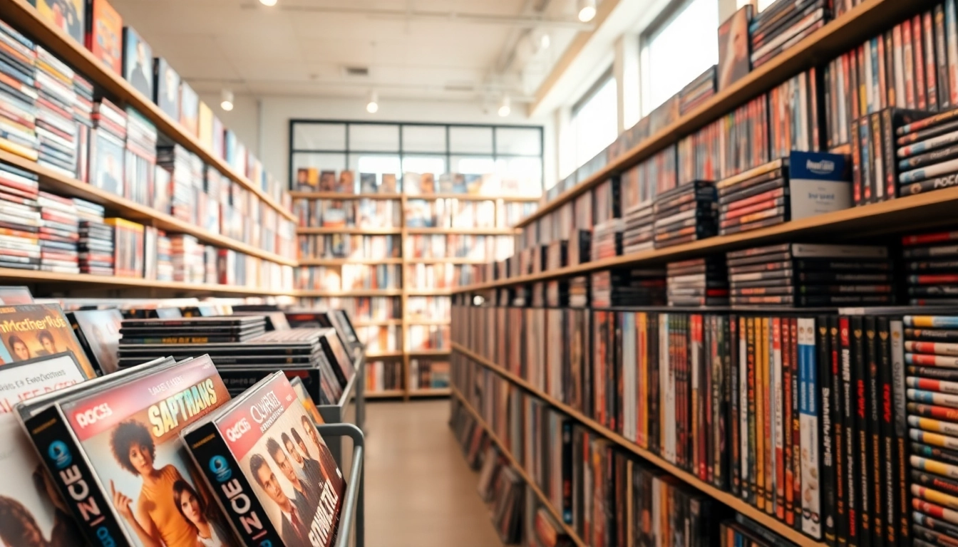 Browse organized bulk DVDs in a vibrant retail setting showcasing various movie genres.