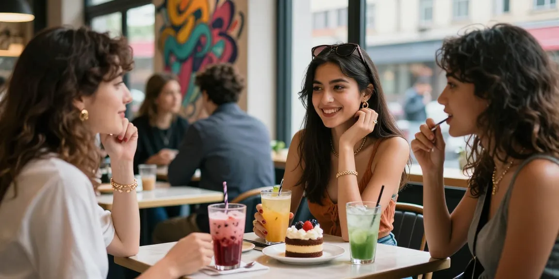 Nhóm bạn trẻ vui vẻ trong quán café, thể hiện phong cách gái gọi hiện đại.