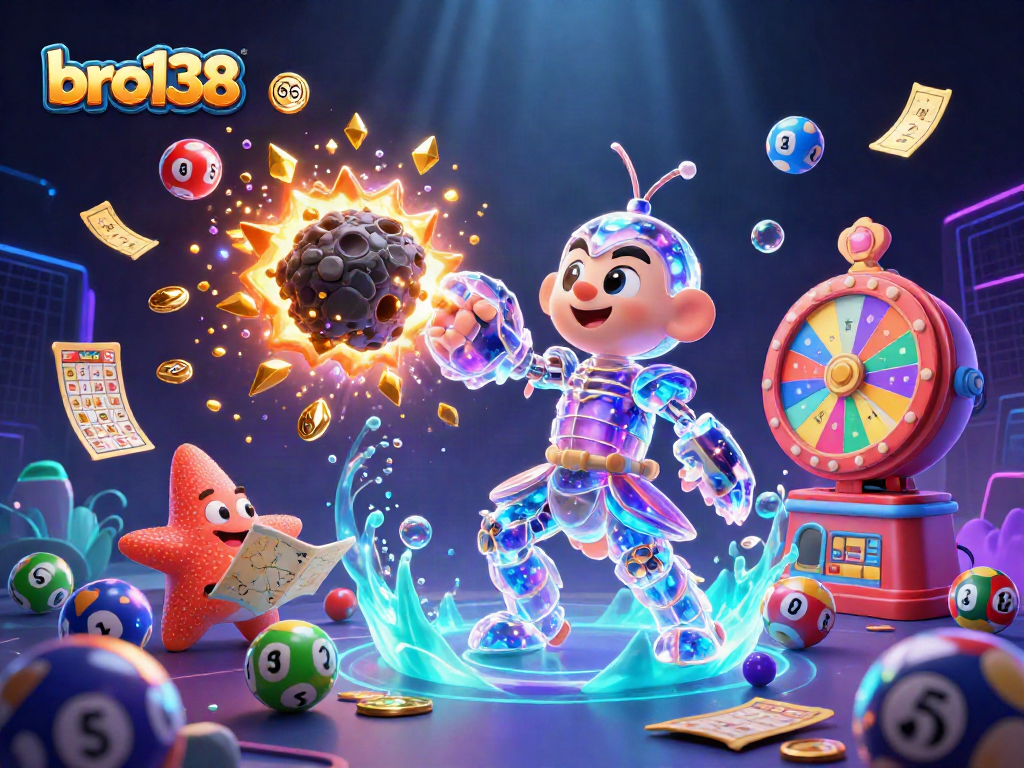 Experience thrilling wins at bro138 with vibrant casino elements like bouncing lottery balls and shining gold!