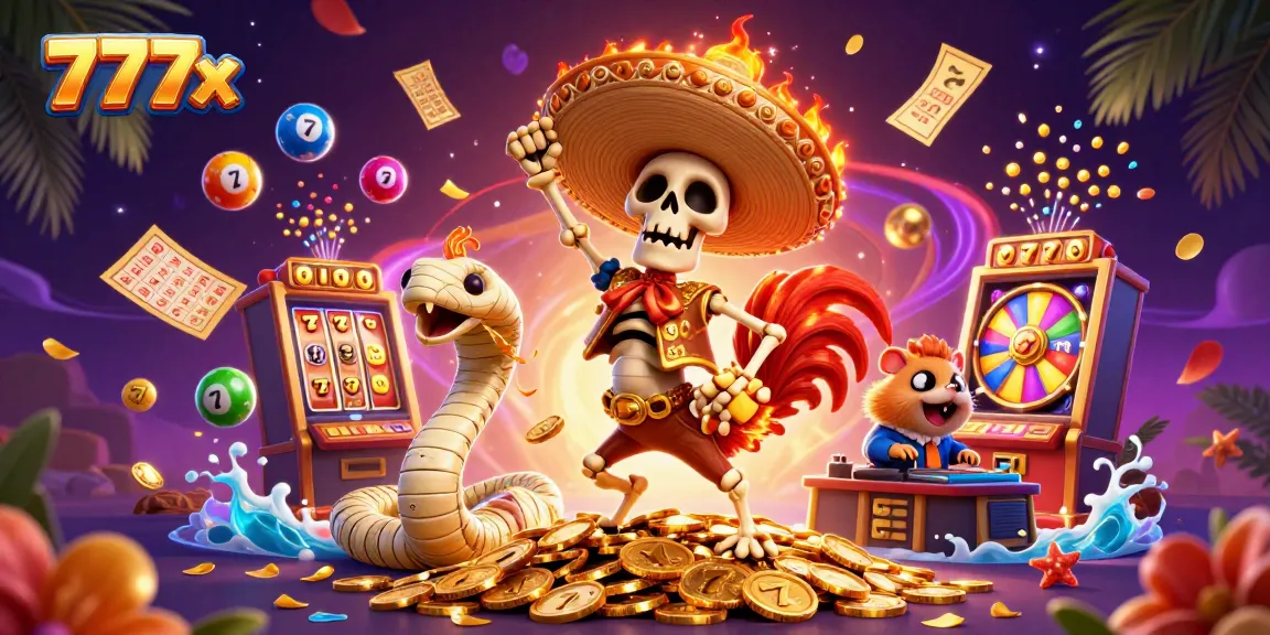 Experience the excitement of 777x with a vibrant casino-themed 3D illustration featuring animated characters and rich game elements.