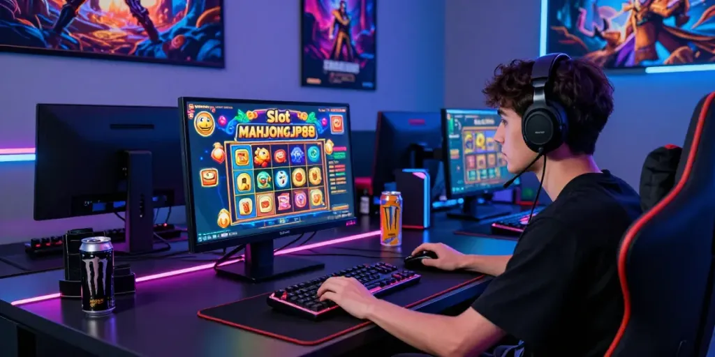 Player immersed in Slot MAHJONGJP88 gaming experience with vibrant LED setup