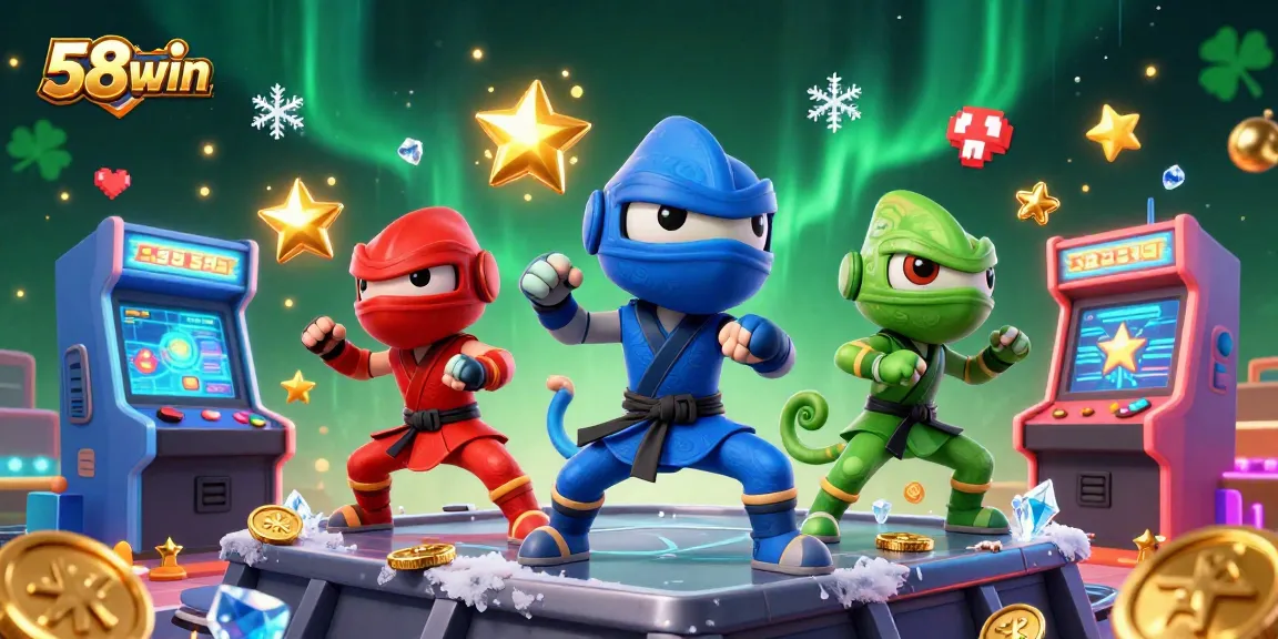 Join the fun at 58win with our dynamic team of ninja chameleons in a vibrant casino game scene.
