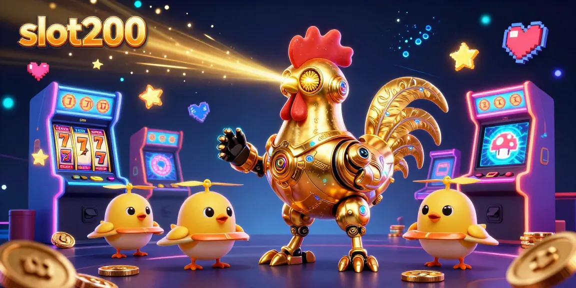 Engage with slot200's exciting gameplay featuring a golden rooster robot and baby chick drones in a vibrant casino setting.
