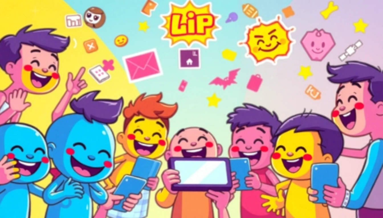Klipy characters create fun digital content with vibrant stickers and GIFs in an energetic setting.