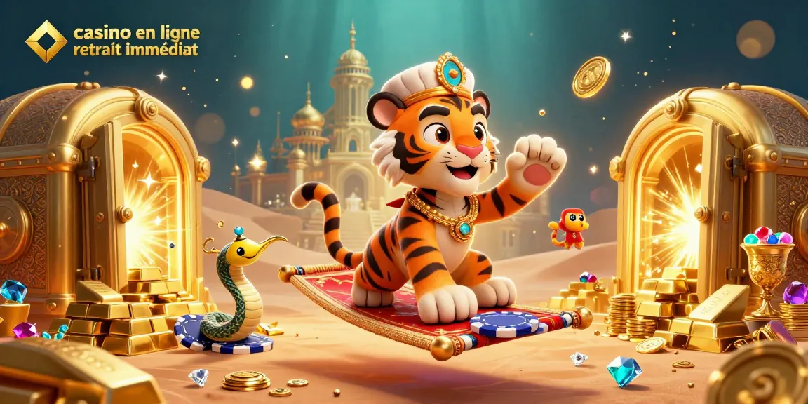 Profitez d'un retrait immédiat de casino en ligne avec une illustration 3D de tigre sultan et des trésors scintillants.
