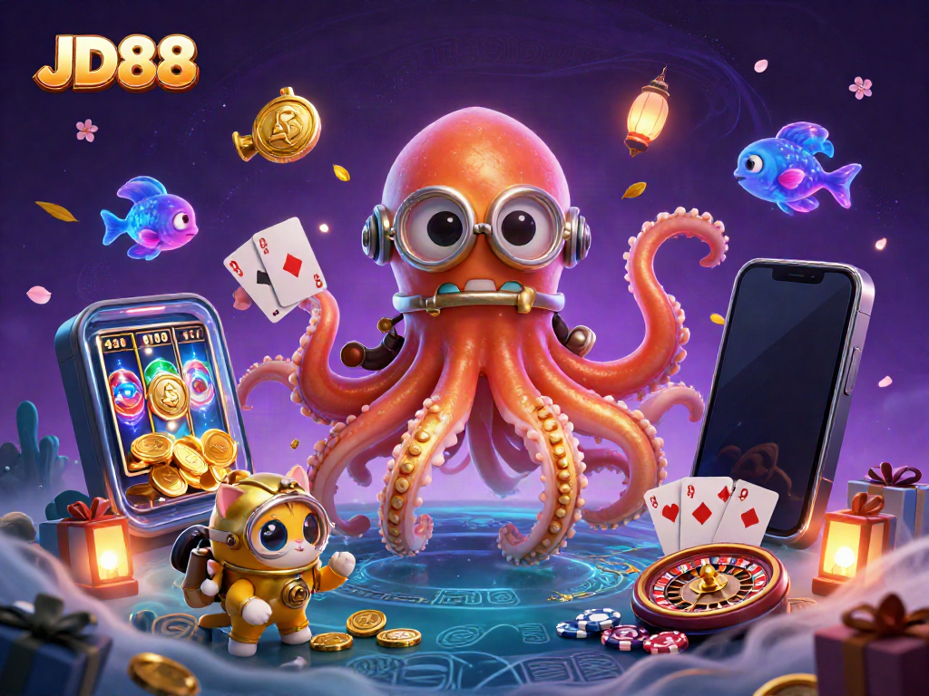Experience the thrill of JD88 with a captivating 3D illustration of a kraken and diving cat amid rich casino elements.