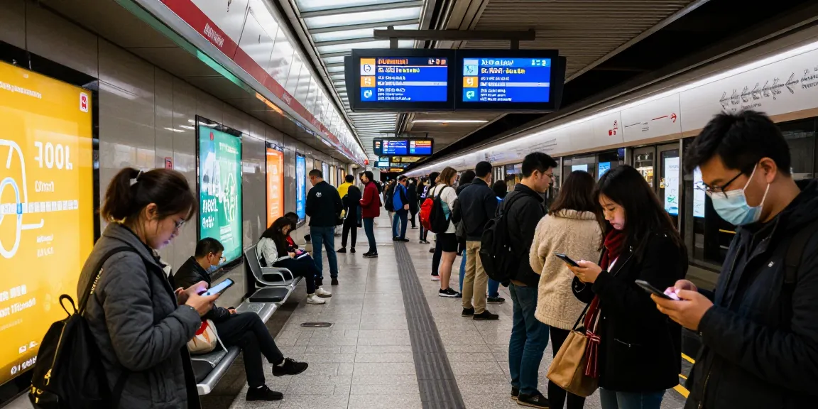 Real-time subway arrivals displayed at a bustling urban station.