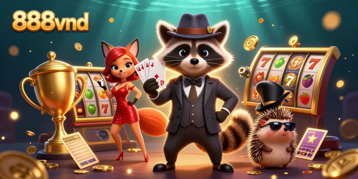 888vnd offers a vibrant casino experience with raccoon dealer holding a royal flush and engaging background.