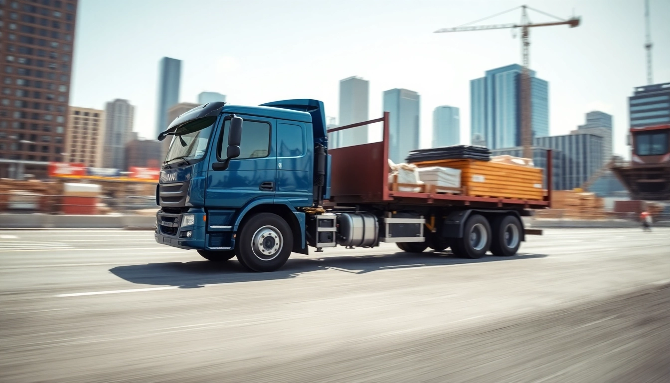 Dynamic trucking scene showcasing hauling truck transporting materials through urban environment.