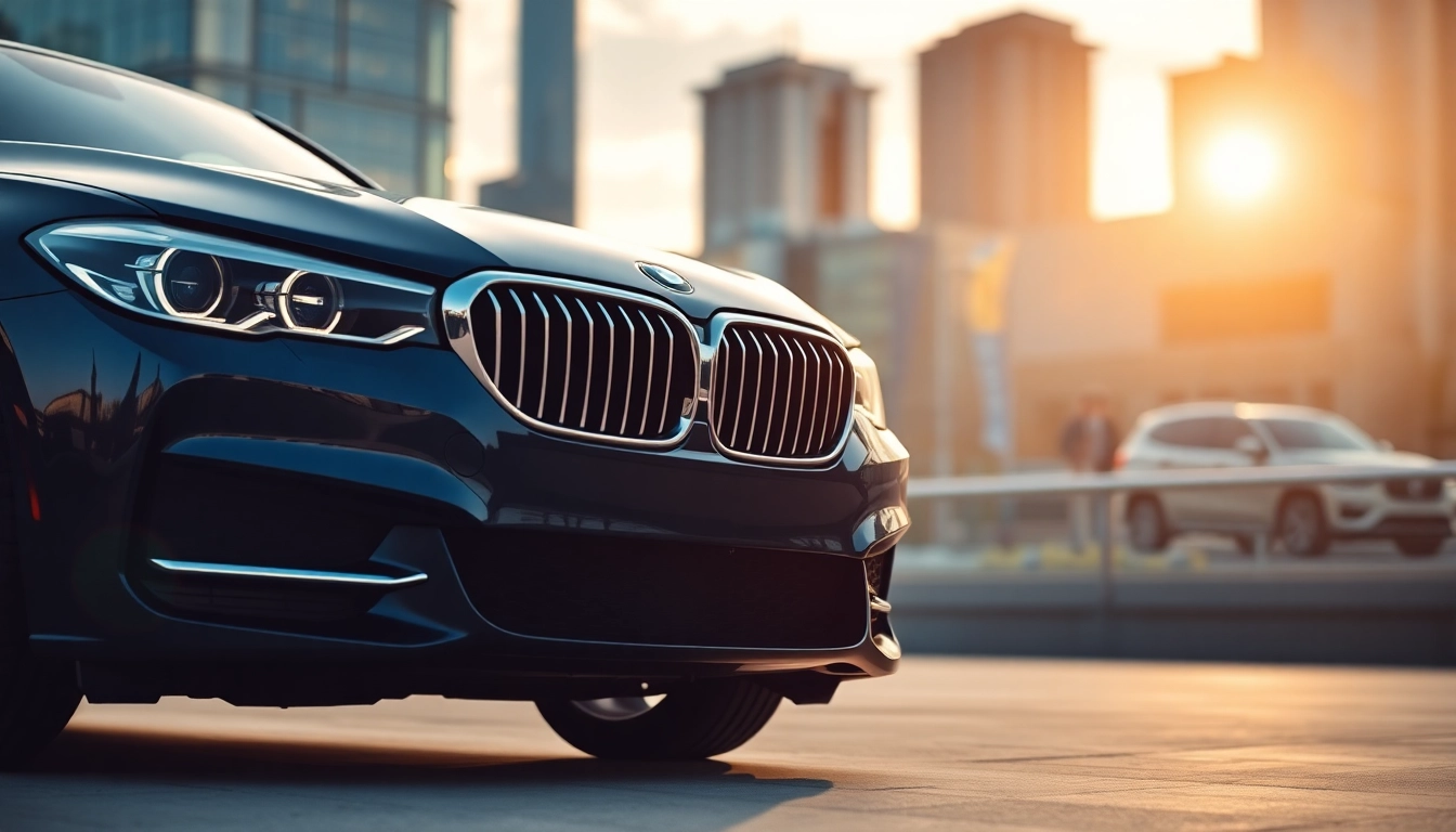 Admire the Luxury BMW car showcasing its sleek design against a vibrant city backdrop.