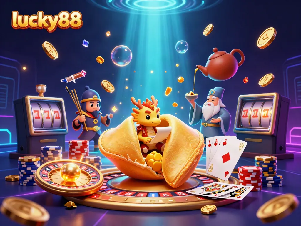 Experience the thrill at lucky88 with a vibrant casino scene filled with golden coins, cards, and characters.