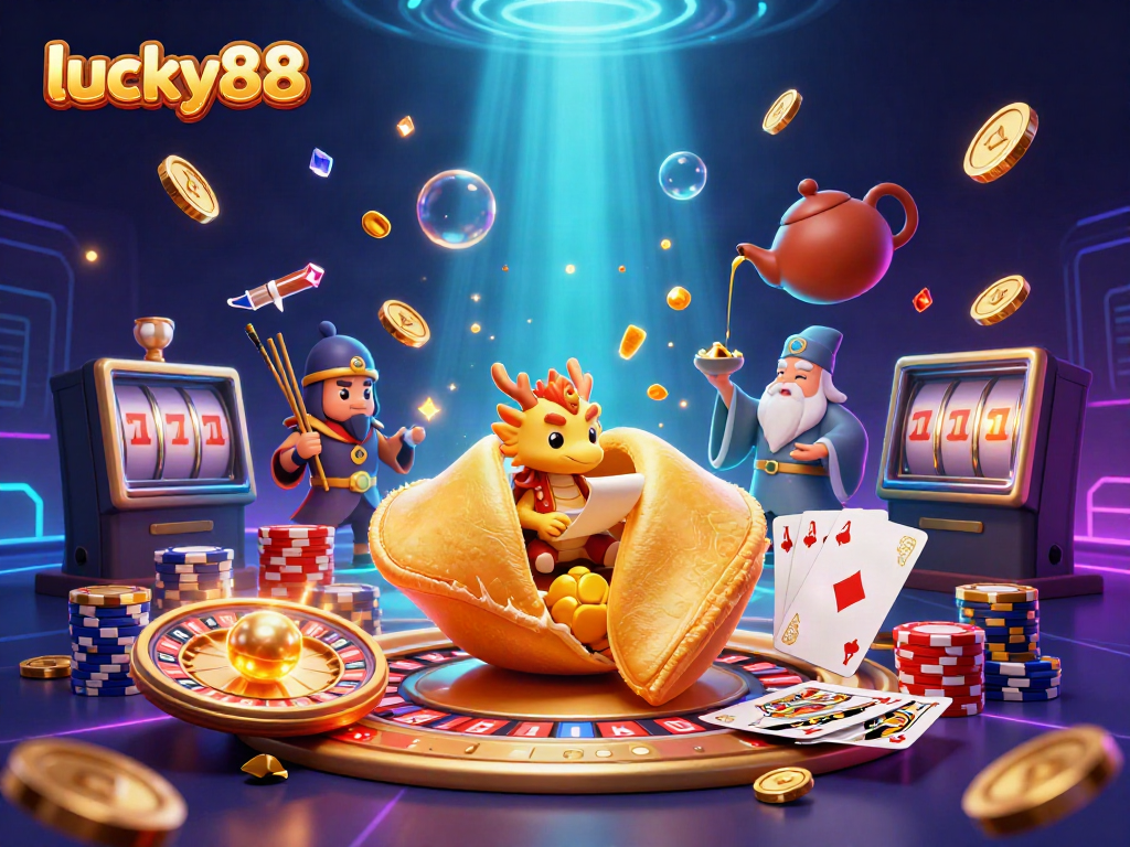 Experience the thrill at lucky88 with a vibrant casino scene filled with golden coins, cards, and characters.