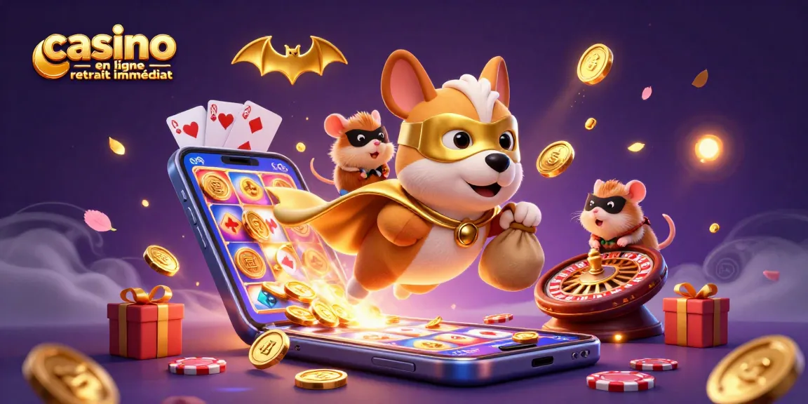 Profitez du casino en ligne retrait immédiat avec un chien super héros et des éléments de jeu colorés.