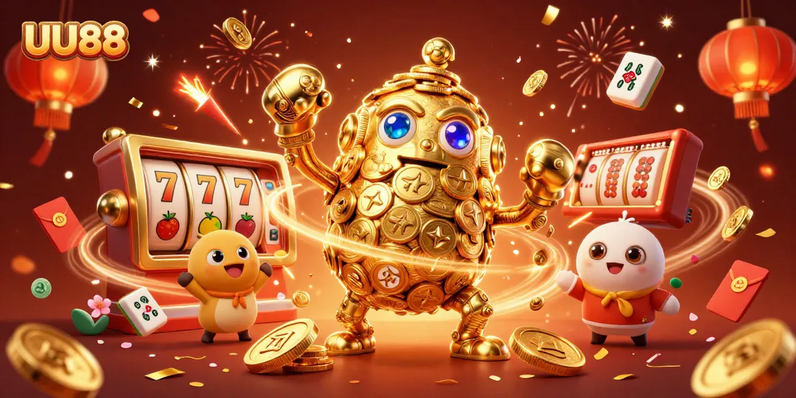 Join the excitement at UU88 with a vibrant 3D casino scene showcasing a golden golem and dynamic slot elements!