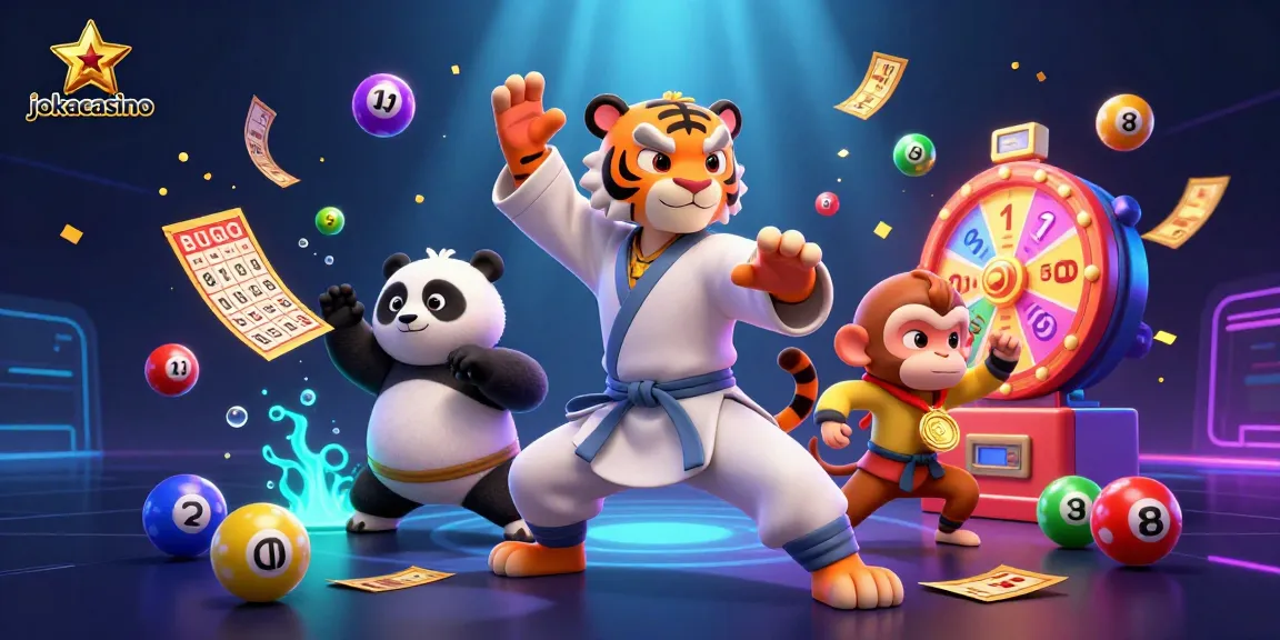 Experience fun at jokacasino with a vibrant 3D scene featuring playful characters and lottery elements.