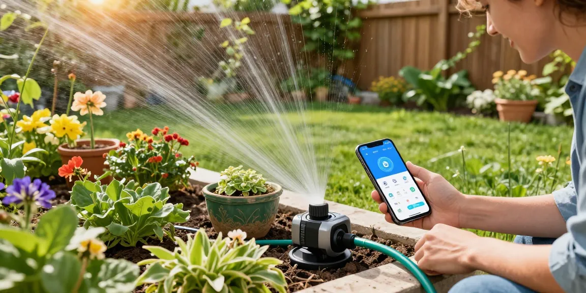 Homeowner joyfully configuring the rainpoint wifi water timer in a lush garden, showcasing vibrant plants and flower beds.
