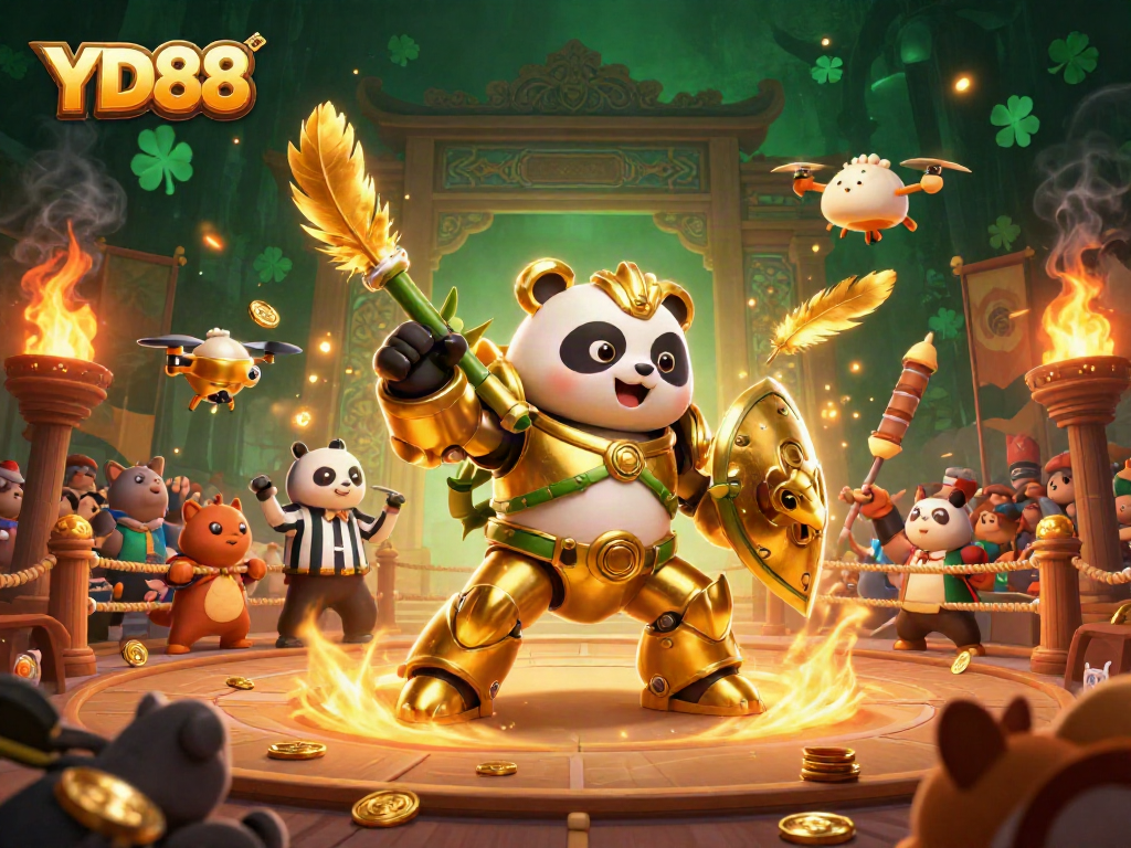 Experience the exciting world of YD88 with a dynamic 3D illustration depicting gambling action in a vibrant arena.