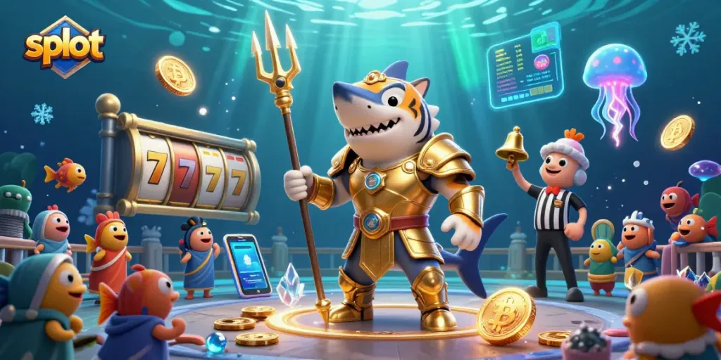 Engage with thrilling slot gameplay illustrated by a dynamic scene featuring a golden shark and neon elements.